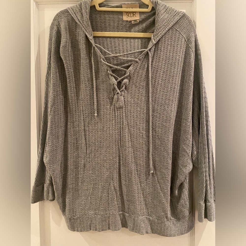 Chaser Lace-Up Waffle Knit Hooded Sweater in Gray